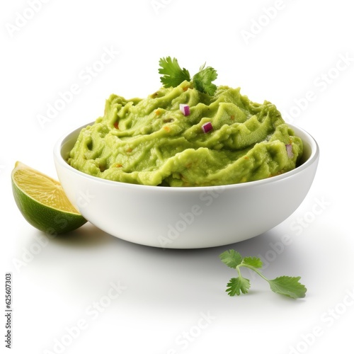 Bowl with guacamole isolated on white background.