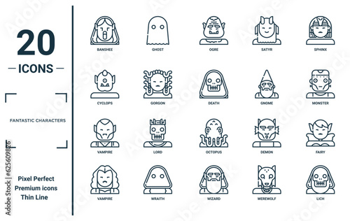 fantastic characters linear icon set. includes thin line banshee, cyclops, vampire, vampire, lich, death, fairy icons for report, presentation, diagram, web design