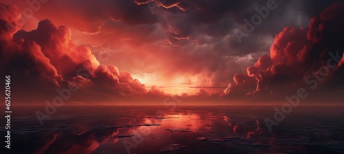 Cloudy sunset red sky landscape background. Generative AI technology.