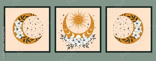 Set of esoteric alchemy mystical magic posters. Crescent, sun, stars, floral elements, flowers. Spiritual talisman, occultism objects. Boho illustration