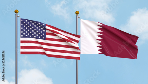 Waving flags of the United States of America and Qatar on sky background. Illustrating International Diplomacy, Friendship and Partnership with Soaring Flags against the Sky. 3D illustration.