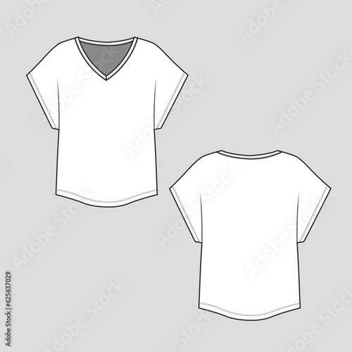 Women t shirt Dolman sleeve kimono oversized v neck top blouse fashion flat sketch cad mock up drawing template design vector