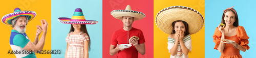 Collage of Mexican people with traditional food and sombrero hats on color background