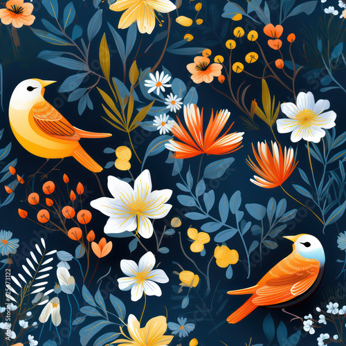 Birds and Flowers Seamless Pattern