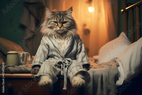 Generative AI, Humanised animals concept. funny character personage. humanized Lazy cat in pajamas in bed. Bad mood, insomnia, hard Monday concept. .