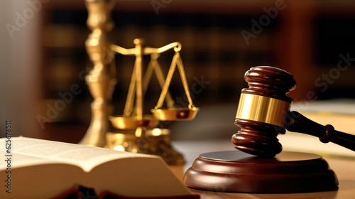 Close-up of judge gavel and books on the desk in the law office room