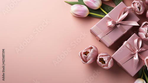 Gift box & tulip flower top view copy space pink background greeting card
