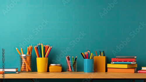 School supplies on a blue green background, a new school year begins: Kids' schoolbag and supplies, education banner, AI
