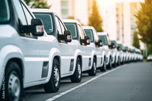 Row of new white cars parked in a row on a parking lot