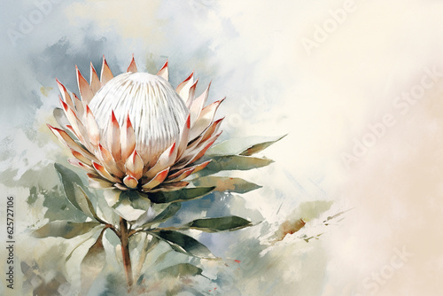 Watercolor painting of a protea flower on a watercolor background