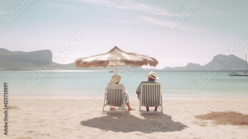 old man and old woman on vacation, back view, sitting on sun lounger chair right on the beach by the sea by the water, empty pristine white sandy beach with shallow water