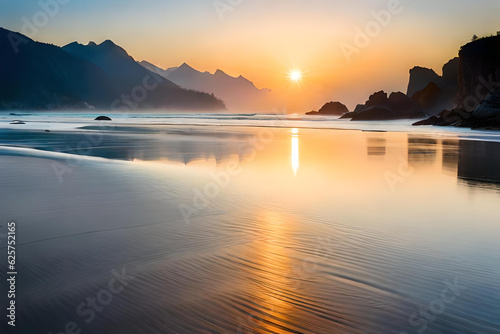 Summer seashore with calm water and golden sun reflection