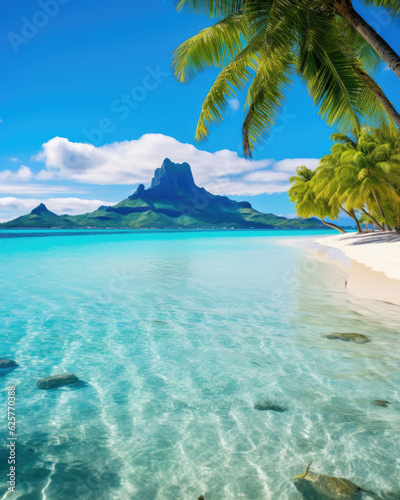 Topical beach landscape with palms and turquoise blue water