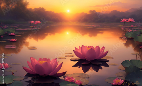 sunset over the Lotus Pond illustration, generative ai