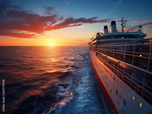 Cruise ship sailing in sea against mountains and sunset