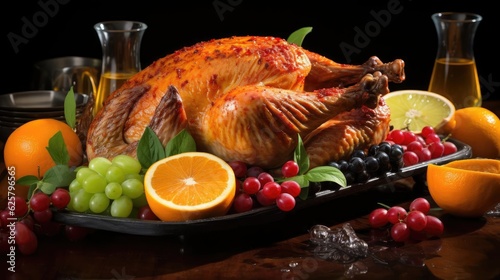 Grilled turkey with vegetables and fruits on a wooden table with a blurred background