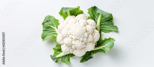 Photo of a fresh head of cauliflower on a clean white background with copy space