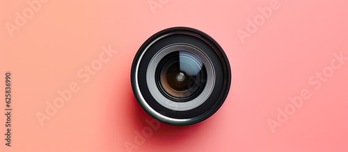 Photo of a camera lens on a vibrant pink background with copy space