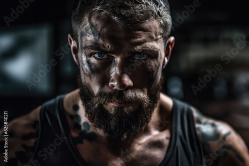 Close-up photo of a brutal shirtless bearded tattooed male. Isolated on a dark textured background. Ai generated.