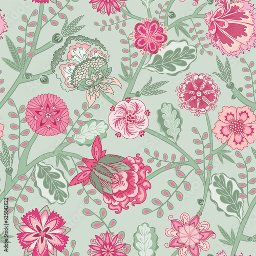 Fantasy flowers seamless pattern. Indian floral style. Chintz fabric, retro, vintage.