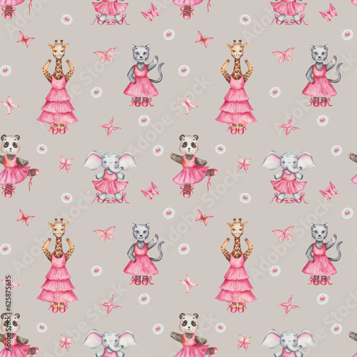 Watercolor seamless pattern. Hand painted illustration of cartoon elephant, panther cat, panda bear, giraffe. Girls in dance studio in pink dress, ballet shoes. Print on beige background for textile