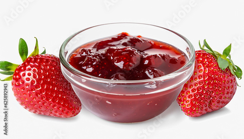 strawberry jam in glass bowl and fresh berries near isolated on white background