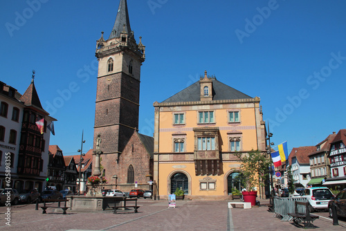 town hall and belfry (called the chapel tower) in obernai in alsace (france)