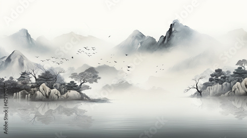 霧、中国風景画、墨のグラデーション、ソフトで繊細な線