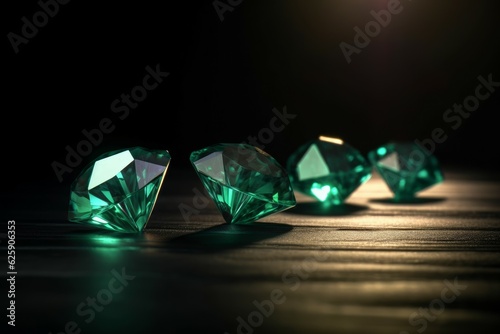 Green emerald gems table. Generate Ai