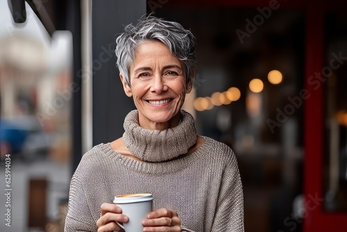 Portrait of smiling senior woman holding cup of hot beverage in cafe