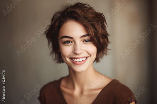 Beautiful portrait of girl with shining eyes and big smile, neutral background