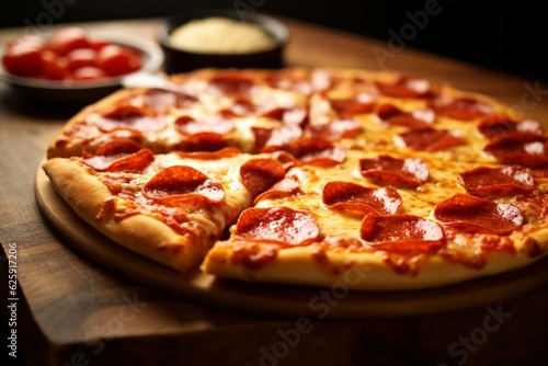 Pepperoni pizza with mozzarella cheese, tomatoes and basil on black background