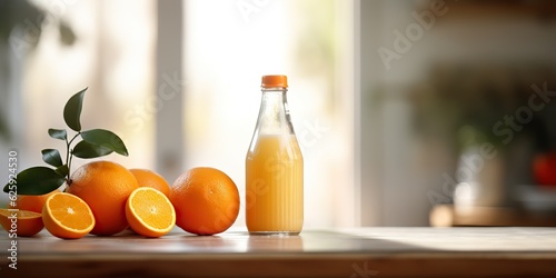 AI Generated. AI Generative. Orange juice nottle glass ware on kitchen bright day table mock up background. Healthy morning vitamin c graphic art