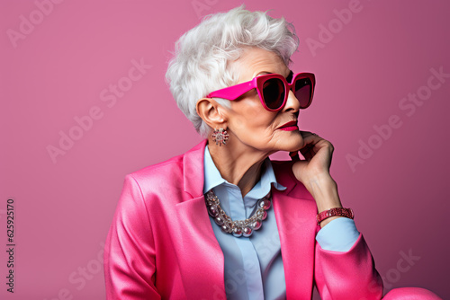 Modern senior woman wearing trendy clothes, apparel. Elegant lady of old age in fashion outfit, accessories, sunglasses. Elderly female. isolated on pink