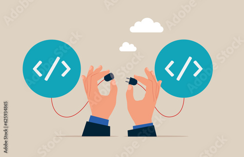 Connect socket between coding program. API, application programming interface to connect between software, coding to exchange information for website. Vector illustration