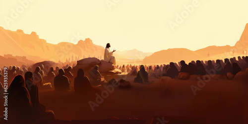 Jesus preaching to a crowd of followers in the desert