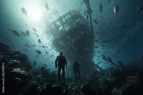 Photograph of people scuba diving undersea wrecks, Generative AI