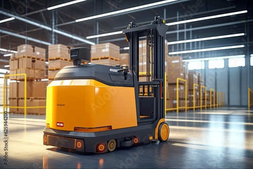 Modern Logistics with Autonomous Forklift Carrying Cargo in Industry Warehouse. 3D Rendering: Generative AI