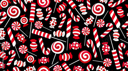 Candy cane pattern. Many types christmas treats on blue background. Traditional red and white xmas ans new year lollipop. Striped candies on snow backdrop. Tasty, hand drawn delicious holiday print.