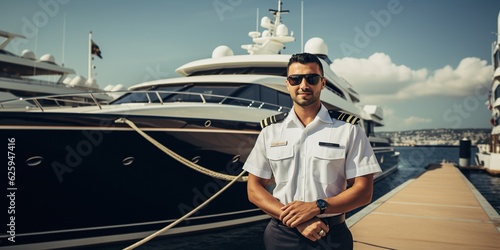 confident captain standing in front of a luxury yacht. The captain exudes a sense of professionalism and expertise, with the impressive yacht in the background. Generative AI