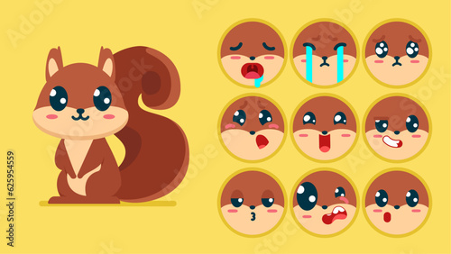 Cute squirrel, set of animal emotions, tiny squirrel with emoji collocation, sleeping, crying, sad, Bored, happy, excited, lovable, surprised, careless, confident, terrifled, stunned, Flat Vector