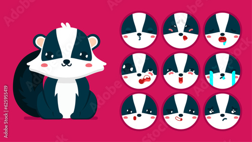 Cute skunk, set of animal emotions, tiny skunk with emoji collocation, sleeping, crying, sad, Bored, happy, excited, lovable, surprised, careless, confident, terrifled, stunned, Flat Vector avatar