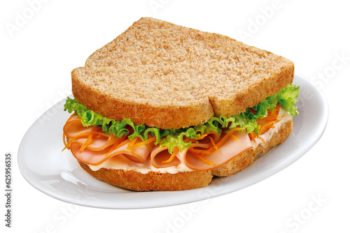 prato com sanduíche de peito de peru defumado com alface, cenoura ralada e maionese isolado em fundo transparente - sanduíche natural