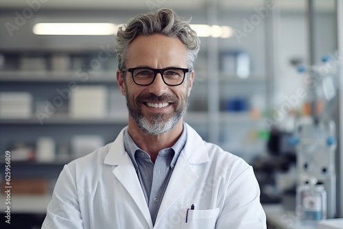 Portrait of confident mature male scientist in lab coat smiling at camera
