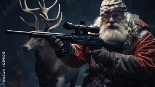 Santa Claus with a high-precision rifle hunting deer.