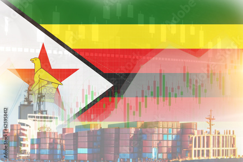 Zimbabwe flag with containers in ship. trade graph concept illustrate poster design.