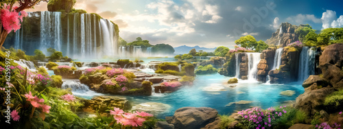 a waterfall in a gorgeously fantastic flowering landscape, banner made with Generative AI