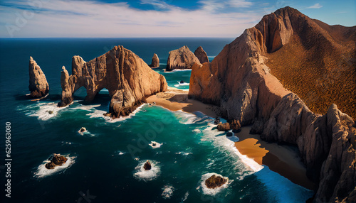 Aerial image of Lands End, the southernmost point of the Baja California peninsula, and El Arco de Cabo San Lucas, Baja California Sur, Mexico, Ai generated image