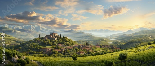 3D illustration Panoramic view of rolling wine vineyards under a soft summer sunset, with the hint of a distant chateau ai generate