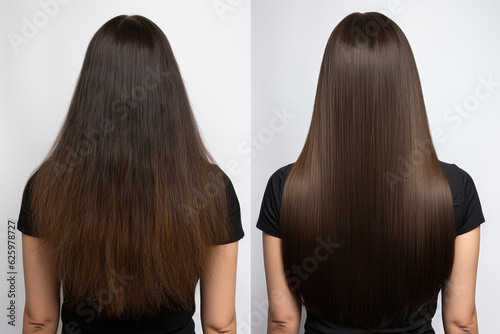 Woman With Long Hair, Back View, Showing The Results Of Keratin Treatment, Before And After Salon Treatment. Generative AI